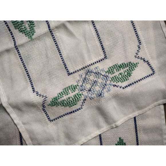 Embroidered Table Cloth Runner Blue Flower w/Leaves Handmade Country Cottagecore - Picture 3 of 3